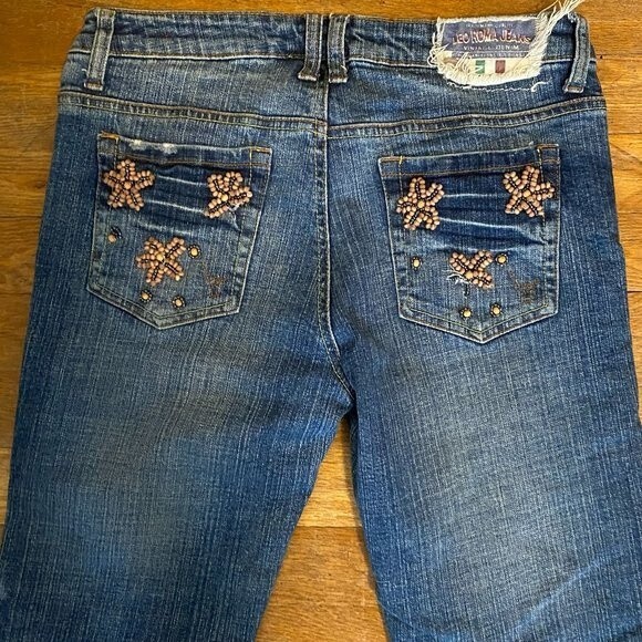 Leo Roma Bootcut Beaded Accents Boho Distressed Women Jeans Size 7 - Picture 6 of 13